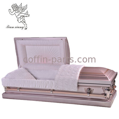 Adult Funeral Metal Casket, Metallic Rose Gold Surface, Pink Pleated Linen Set