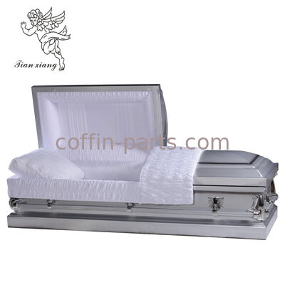 Polished Silver Metal Casket, White Ruched Fabric Bedding, Western Burial Coffin